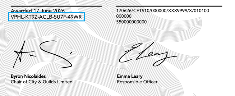 Location of the authentication code on a certificate